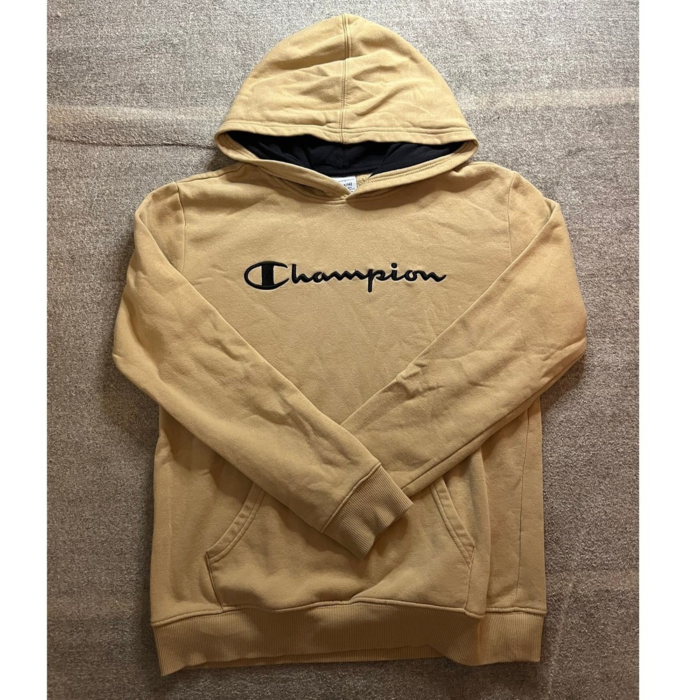 Champion Boys Tan Khaki Script Logo Pullover Hoodie Sweatshirt XL 14/16